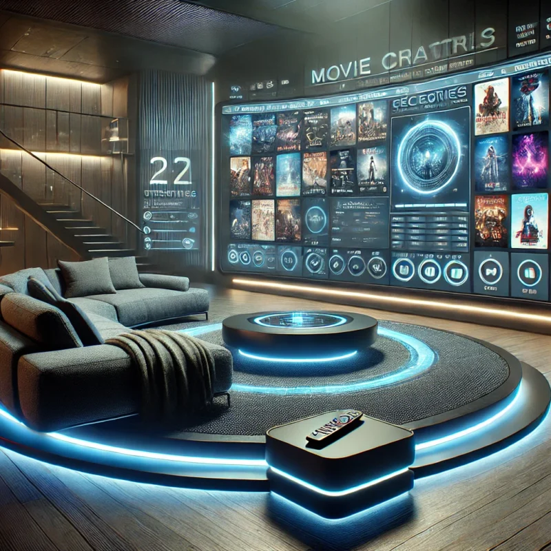 DALL·E 2025 03 22 00.41.23 A futuristic entertainment setup showcasing a large high definition screen displaying a movie streaming interface with various film categories. A slee best iptv in uk